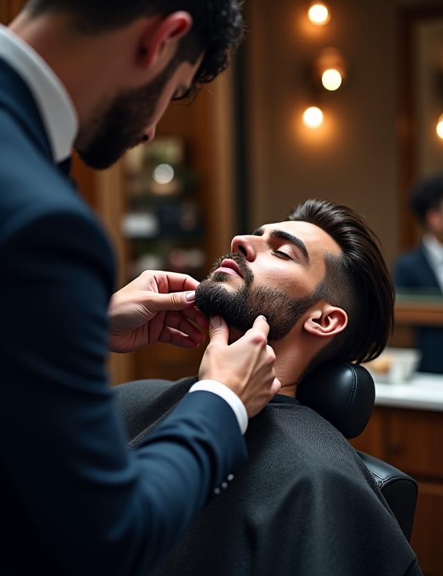 Hombre profesional recibiendo un afeitado personalizado en una barbería moderna en Madrid