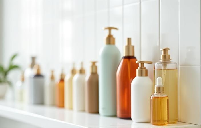Productos para el cuidado del cabello en un estante de baño