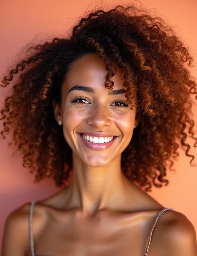 Mujer sonriendo con su cabello rizado perfectamente definido gracias a especialistas en rizos