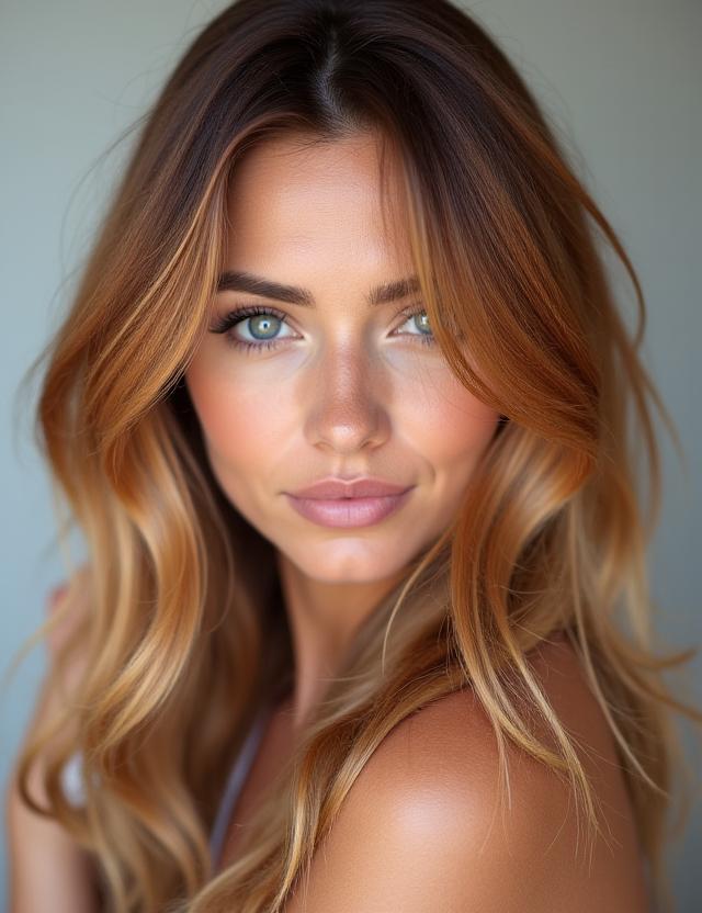 Mujer con una coloración balayage personalizada en tonos cobrizos y rubios
