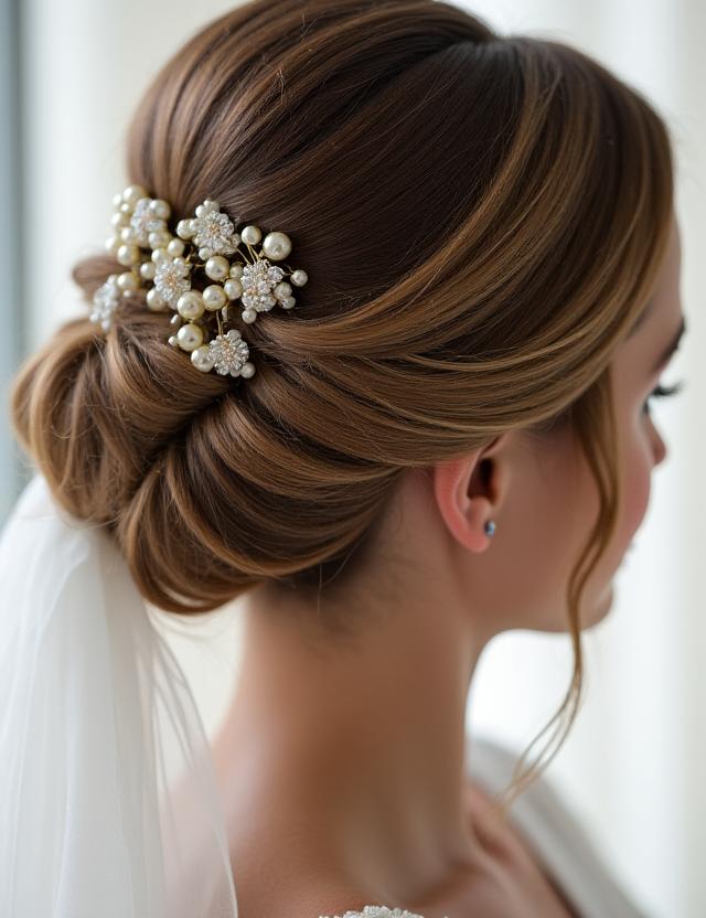 Detalle de un elegante recogido de novia para una boda en Madrid
