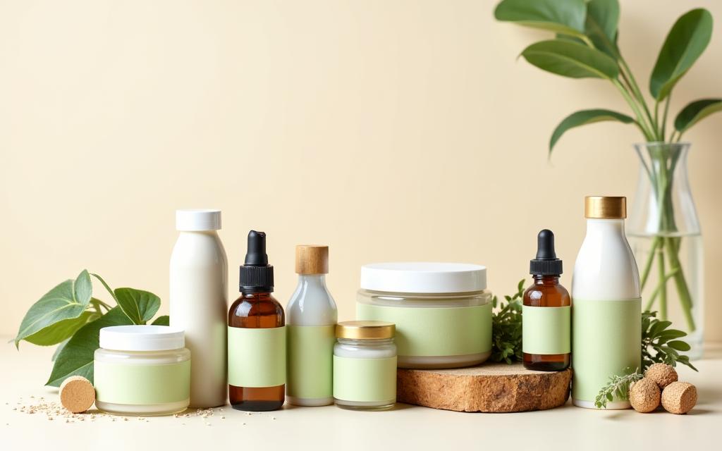 Selección de productos de peluquería ecológicos y sostenibles sobre un fondo natural