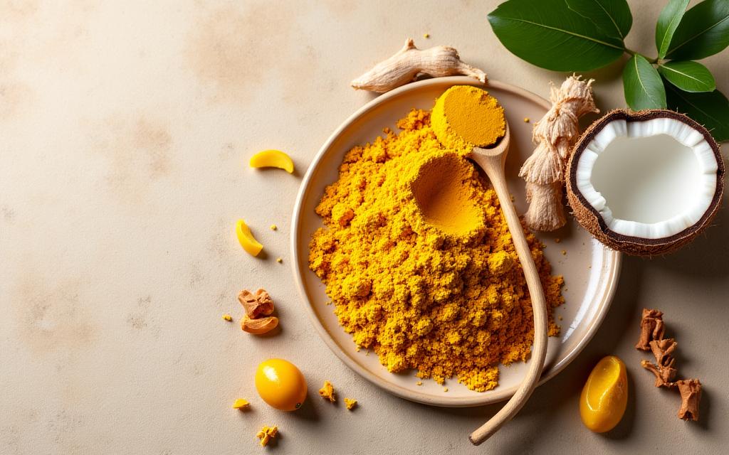 Ingredientes naturales como coco y turmeric para un tratamiento de bienestar capilar